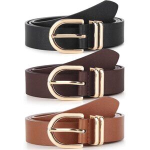 Pack 3 Women's Belts for Jeans Pants Gold Buckle Leather Belts Coffee Brown